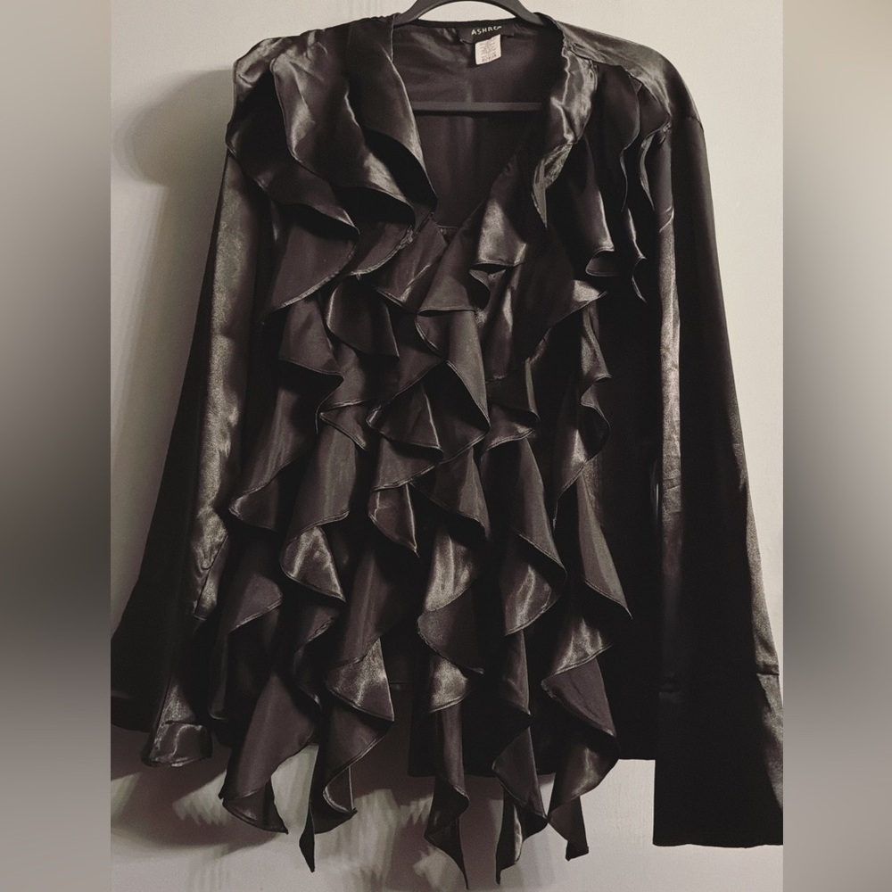 Black Satin Ruffle Statement Blouse Romantic Glam Evening Top - Picture 2 of 4